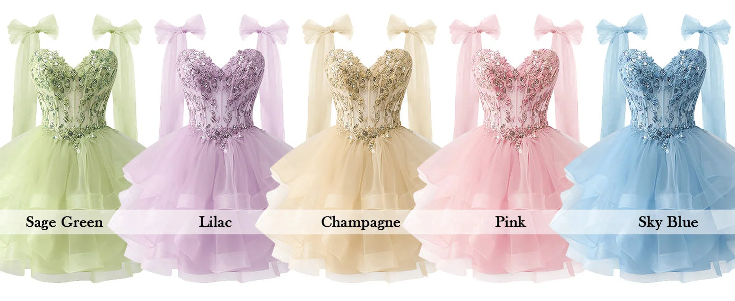 Tiered Tulle Homecoming Dresses Sparkly Lace Applique Bow Straps Short Prom Dress for Teens Cocktail Dress Graduation Dress