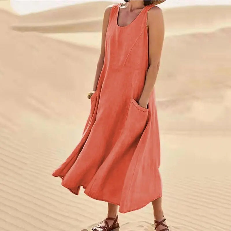 Women's Casual Cotton Linen Sundress | Summer Sleeveless Loose Sand Beachwear Maxi Dress | Elegant Double Big Pocket Oversized Long Dress | Premium High Stretch Regular Fit O-Neck Vestido Model LRFZ-818 Luxegan