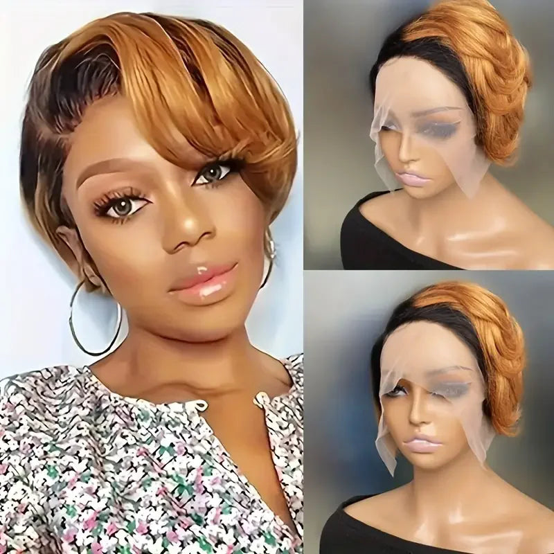 8-Inch Pixie Cut Straight Short Bob Human Hair Wig - 180% Density T-Part Deep Part Transparent Lace Frontal Wig - Glueless Pre-Plucked Brazilian Remy Human Hair Wear-and-Go Wig for Women (Dyeable to #27) Luxegan