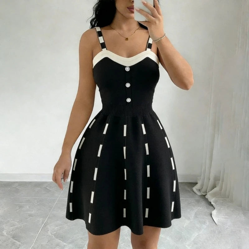 Button-Front Knit Sweater Dress | Contrast Strap V-Neck Sleeveless Skater Gown | Sexy Striped High Stretch Slim Fit A-Line Mini Sundress | Premium Knitting Cotton Luxegan