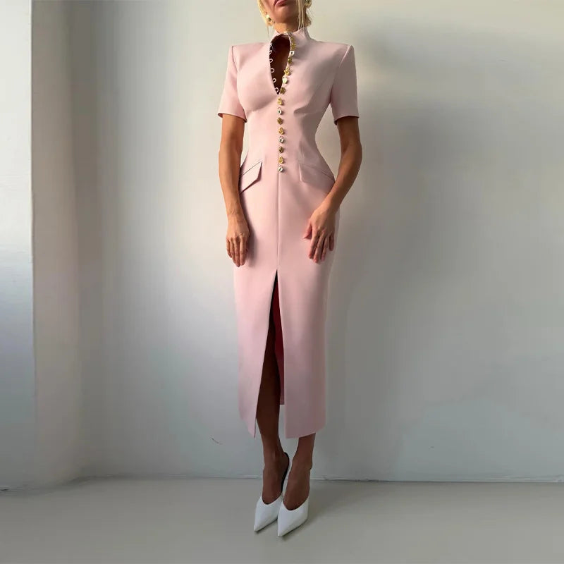 Elegant Solid Buttons Long Dress Women Waist Cinched Shoulder Pads High Collar Slit Dresses 2026 Spring Summer Lady Party Robes