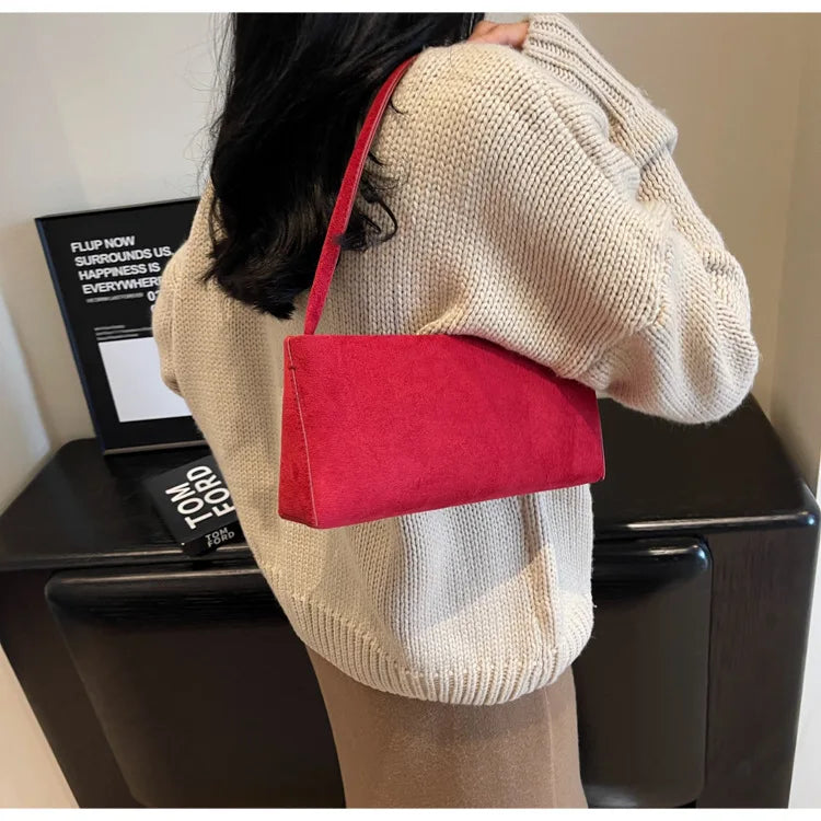 Faux Suede Solid Square Bag | Elegant French Vintage Underarm Handbag Luxegan