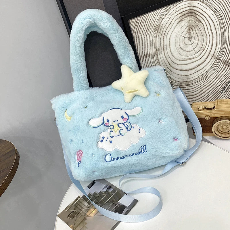 Kawaii Hello Kitty Plush Shoulder Bag | My Melody Cinnamoroll Kuromi Cute Cartoon Anime Handbag (Soft Storage Bag for Women & Girls) Luxegan
