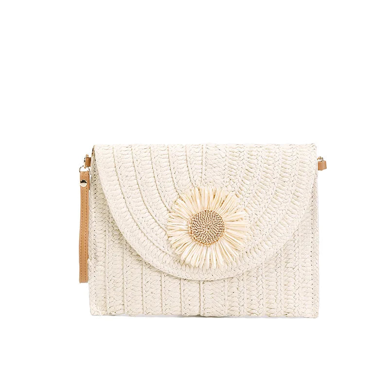 Handmade Woven Straw Envelope Clutch | Sophisticated Fur-Accent Shoulder Bag | Elegant Summer Crossbody Purse | "Dignified" Soft Beach Handbag for Versatile Vacation Styling Luxegan