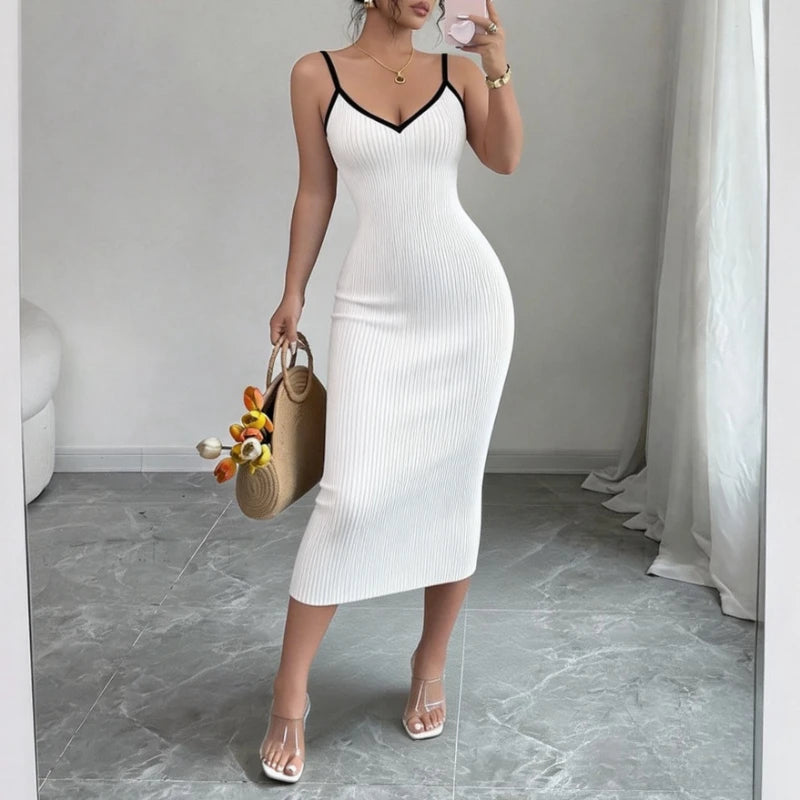 Solid V-Neck Spaghetti Strap Sleeveless Regular Fit Sheath Mid-Calf Dress – Empire Waist, High-Stretch Knit, Summer Luxegan