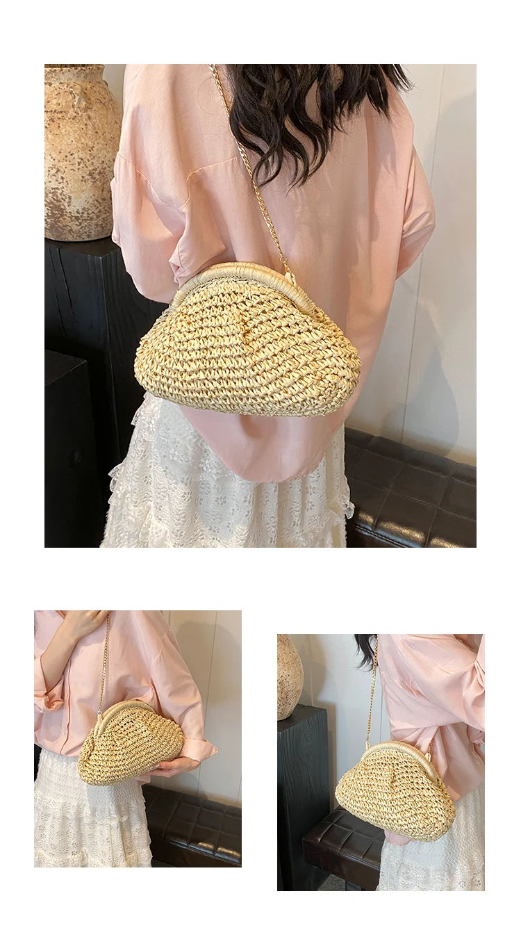 Soft Straw Shell Crossbody Bag | Casual Knitted Shoulder Bag with Excellent Texture Luxegan