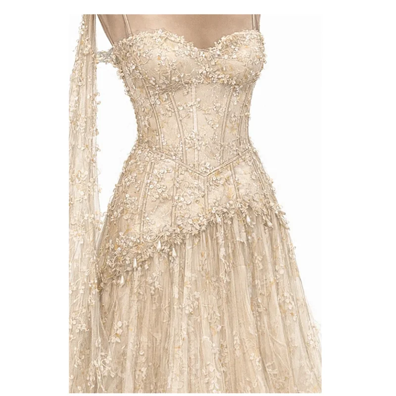Women's Luxury Beaded Lace Evening Dress | Exquisite Sweetheart Neck Prom Gown | Elegant Crystal Sequined Tulle Floor-Length Dress | Premium Spaghetti Strap A-Line Robe with Built-in Bra Luxegan