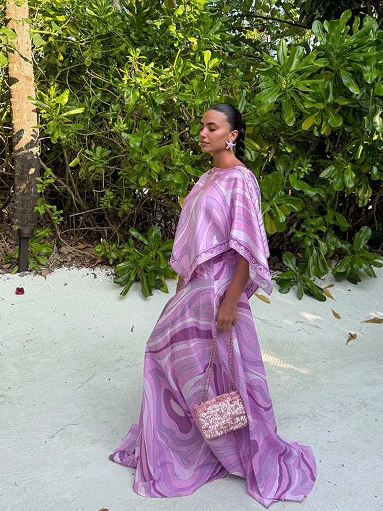 Stripe Print Round Neck Full Batwing Sleeve Loose Fit Sheer Ankle-Length Dress – Available as Dress or 2-Piece Set, Spring/Summer Luxegan