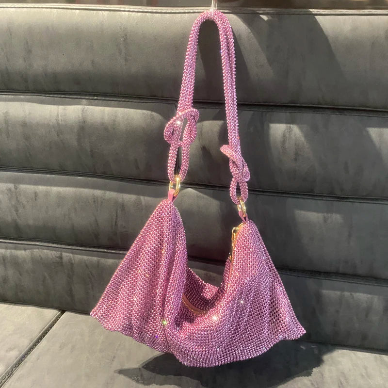 Luxury Designer Rhinestone Hobo Bag | Handmade Shining Crystal Evening Clutch | Metallic Silver - view 2