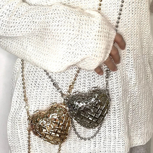 New Heart-Shaped Metal Hollow Box Bag | Designer Hollow-Out Chain Shoulder Bag | Cute Hard-Shell Crossbody Purse | Fashionable Solid Color Evening Handbag Luxegan
