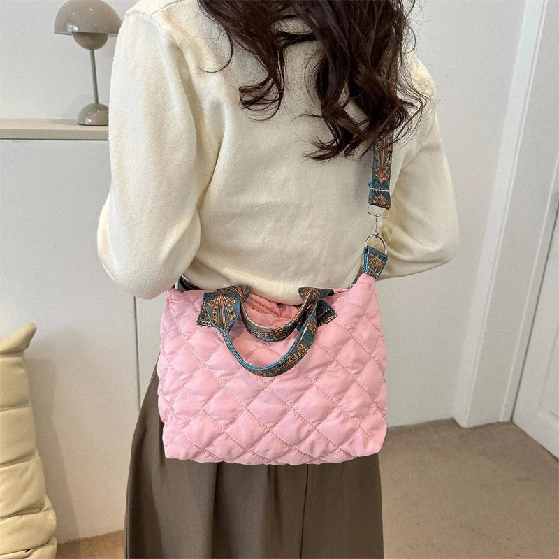Fall/Winter Rhombus Space Cotton Shoulder Bag | Women's Wide Shoulder Belt Large Capacity Shopping Tote Handbag Luxegan