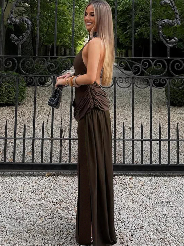 Nibber Backless Maxi Dress Women Halter Sleeveless High Side Slit Long Tassel Folds Solid High Elasticity Prom Party Vestidos