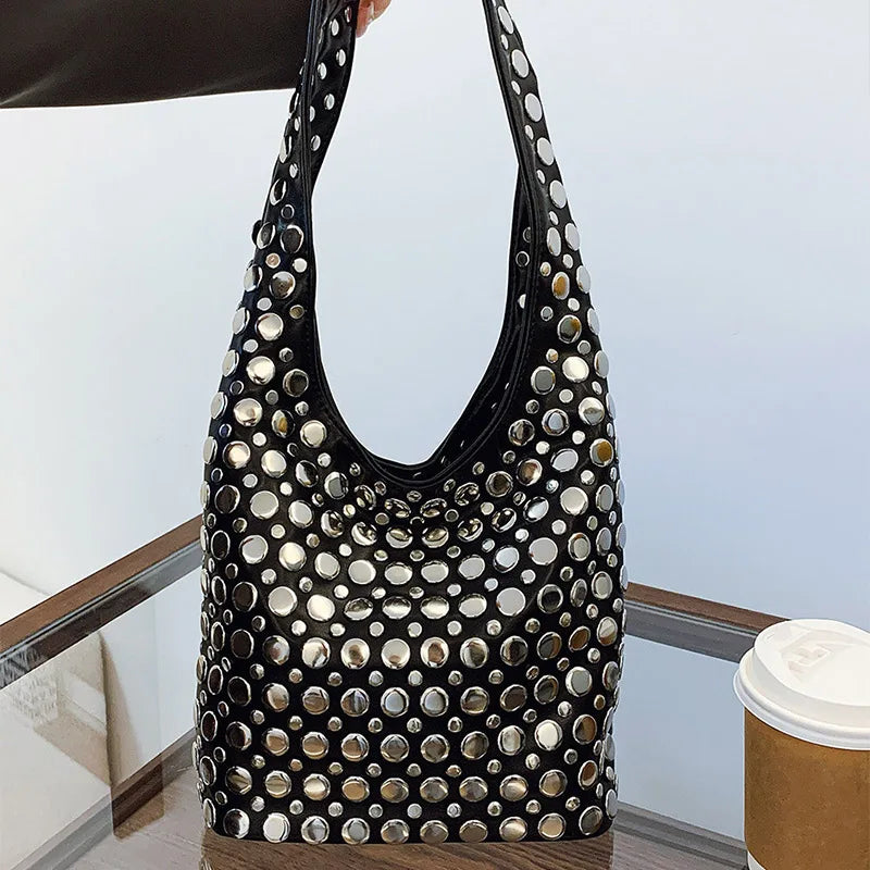 Women's Fashion Punk Metal Rivet Bucket Bag | High-End PU Suede Underarm Shoulder Tote | New Retro Trendy Motorcycle Handbag | Premium Solid Color Shoulder Bag with Hasp Closure Luxegan
