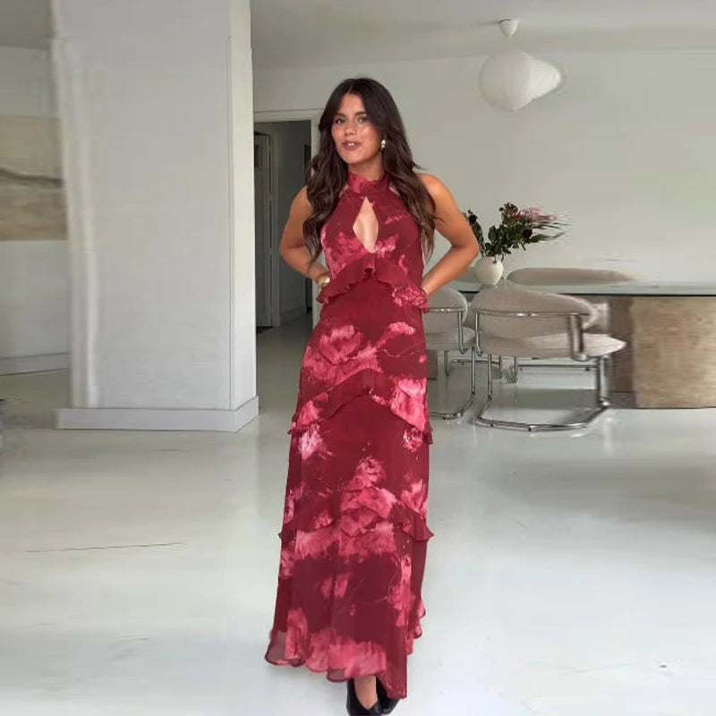 Hollow-Out Halter Backless Ruffle Maxi Dress | Sleeveless Waist-Cinching Party Evening Gown Luxegan