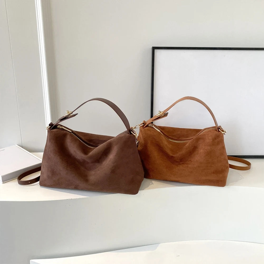 Women’s Big Boston Tote Bag | Soft Matte Faux Suede Messenger Handbag | Trendy Autumn/Winter Shoulder & Crossbody Bag | Large Capacity Satchel in Grey and Brown Luxegan