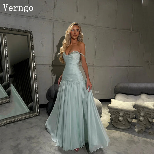 Vestido de noche de gasa azul Verngo con hombros descubiertos, vestidos de fiesta de sirena, vestidos de graduación con apliques 2026, personalizado por Sharon Saeed