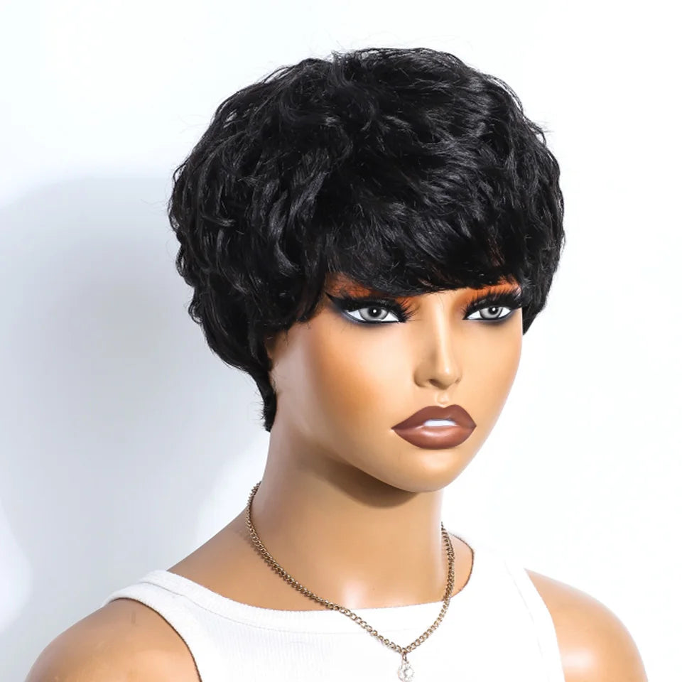 Pixie Short Cut Wavy Curly Human Hair Wig | Brazilian Remy Machine Made Wig for Women Luxegan