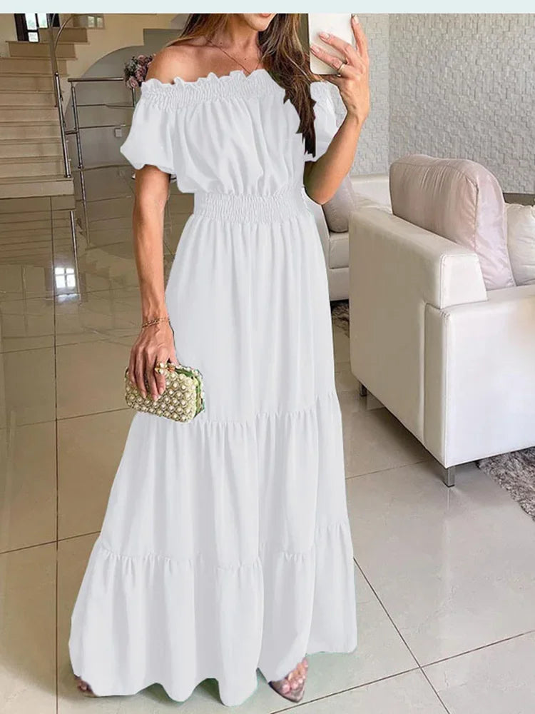 Solid Bohemian Slash Neck Short Sleeve Loose A-Line Ankle-Length Dress – Slight-Stretch Polyester-Elastane Blend, Natural Waist, Summer Luxegan