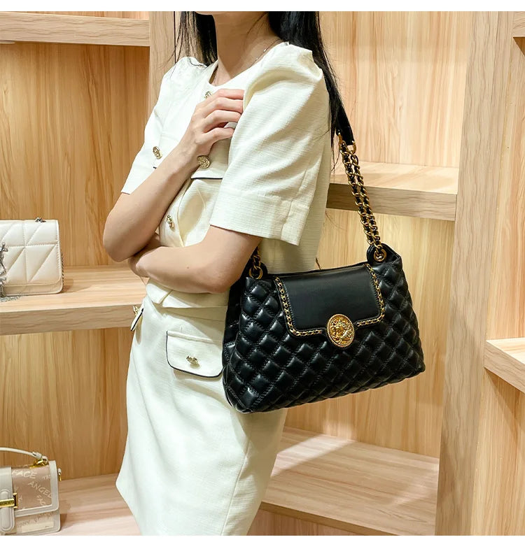Luxury Genuine Leather Chain Shoulder Bag for Women | New Designer Large Capacity Underarm Handbag (Diamond Lattice) Luxegan