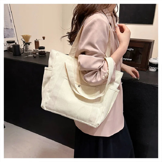 Preppy Style Shoulder Bag Unisex | Large Capacity Handbag & Casual Versatile Solid Canvas Bag (Student Commuting Zipper Square Bag) Luxegan