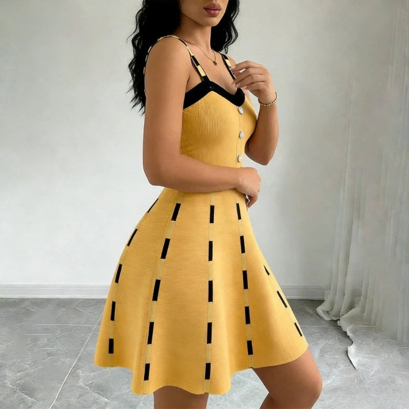 Button-Front Knit Sweater Dress | Contrast Strap V-Neck Sleeveless Skater Gown | Sexy Striped High Stretch Slim Fit A-Line Mini Sundress | Premium Knitting Cotton Luxegan