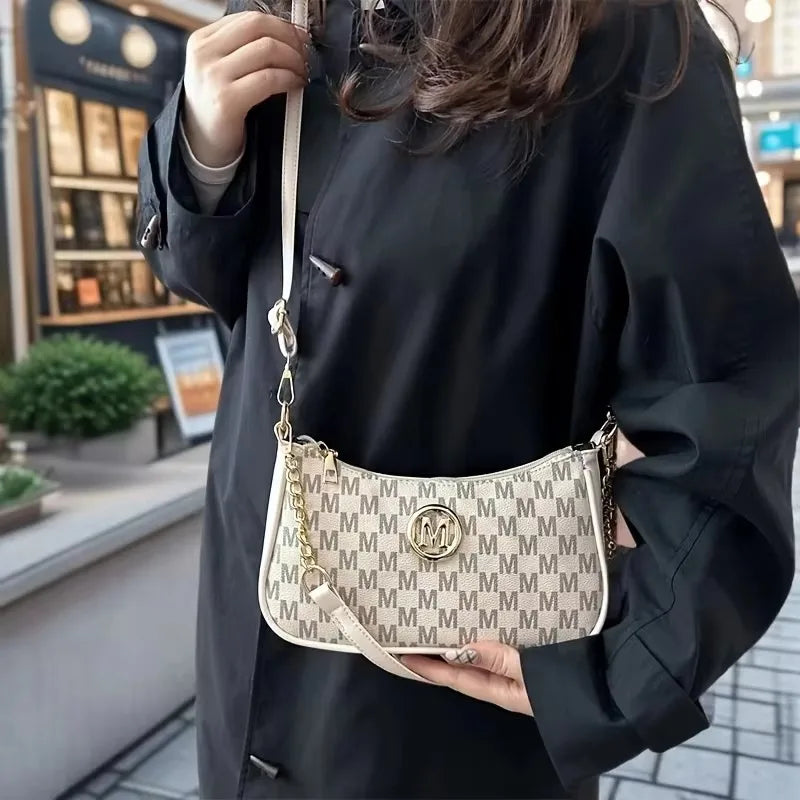 Vintage Style Half-Moon Handbag | Sophisticated Sequined Crossbody Bag for Women | Elegant Letter Print Messenger with Adjustable Strap | Fashion-Forward Party Purse & Versatile Shoulder Tote Luxegan