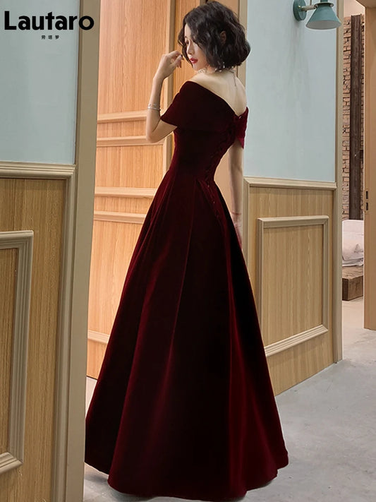 Lautaro Primavera Largo Lujo Elegante Vino Rojo Suave Terciopelo Vestidos de Noche de Fiesta de Boda para Mujeres 2022 Vestido Maxi de Hombros Descubiertos