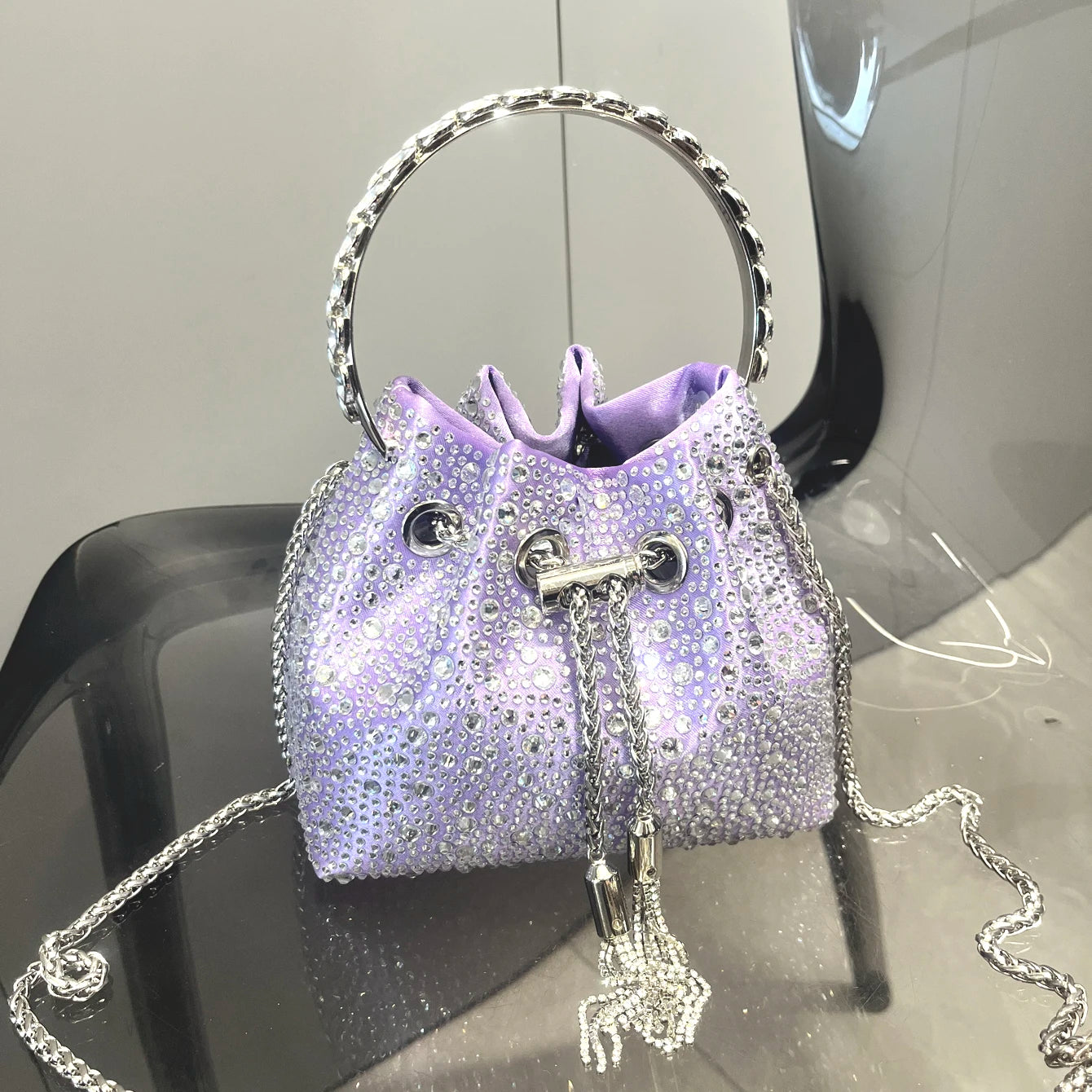 Luxury Designer Rhinestone Evening Clutch | Shiny Crystal Bucket Handbag & Fashion Shoulder Bag Luxegan