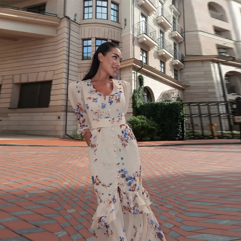 Organza Floral Printed Maxi Dress V-Neck  Puff Sleeve 2026 Spring/Summer Romantic Women Party Gown Fashion Elegant Lady Vestidos