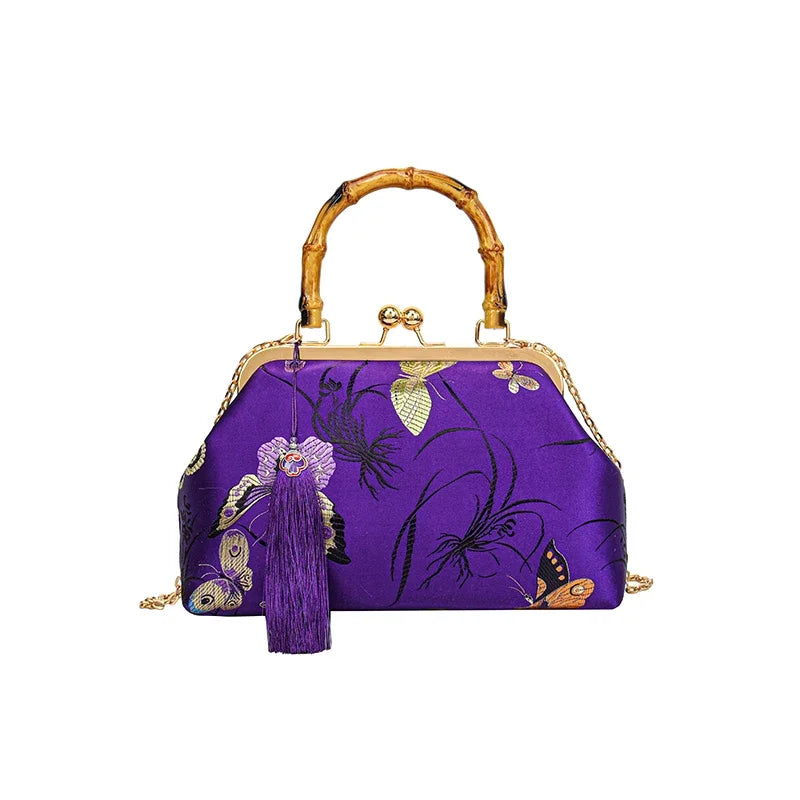 Luxury Embroidery Vintage Evening Bag | Wedding Style Floral Handbag with Tassel Design | National Fashion Shoulder & Crossbody Bag with Bamboo Fiber Lining Luxegan