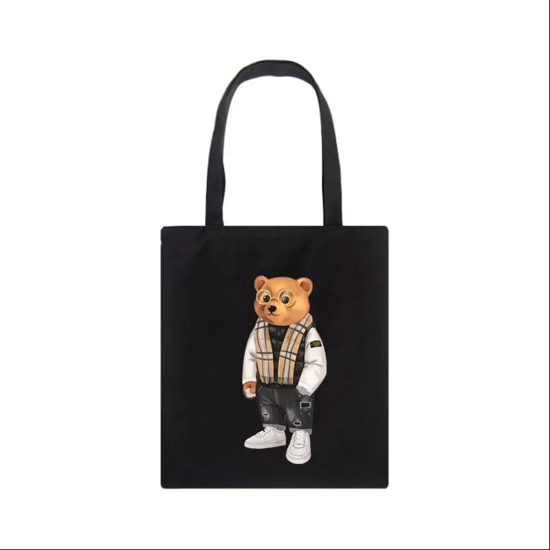 Fashion Bear Print Eco Women Shoulder Bags | Female Handbag Canvas Shopping Bag | Casual Large Ladies Travel Totes Bags Luxegan