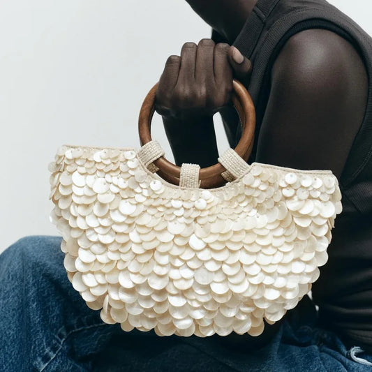 Faux Nacre Appliqué Half-Moon Bag for Women | New Double Circular Top Handles & Removable Chain Crossbody Strap (Fashionable & Versatile) Luxegan