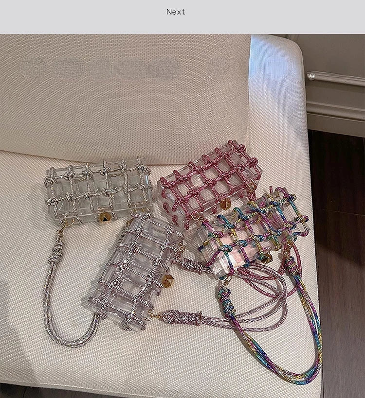 Diamond Clear Acrylic Box Evening Bag | Boutique Woven Knotted Rhinestone Purse | Luxury Party Clutch with Crystal Rope Handle & Metal Chain (Model 1201000988) Luxegan