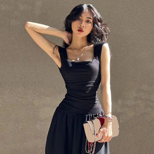 Ruched Spaghetti Strap Maxi Dress | Square Neck High Waist Slim A-Line Party Dress Luxegan