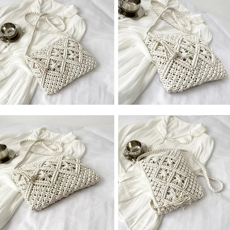 Summer Hollow-Knit Straw Bag | Sophisticated Tassel-Decorated Shoulder Messenger | Elegant Beach Travel Crossbody | "Dignified" Soft Cotton-Rope Pouch for Versatile Vacation Styling Luxegan