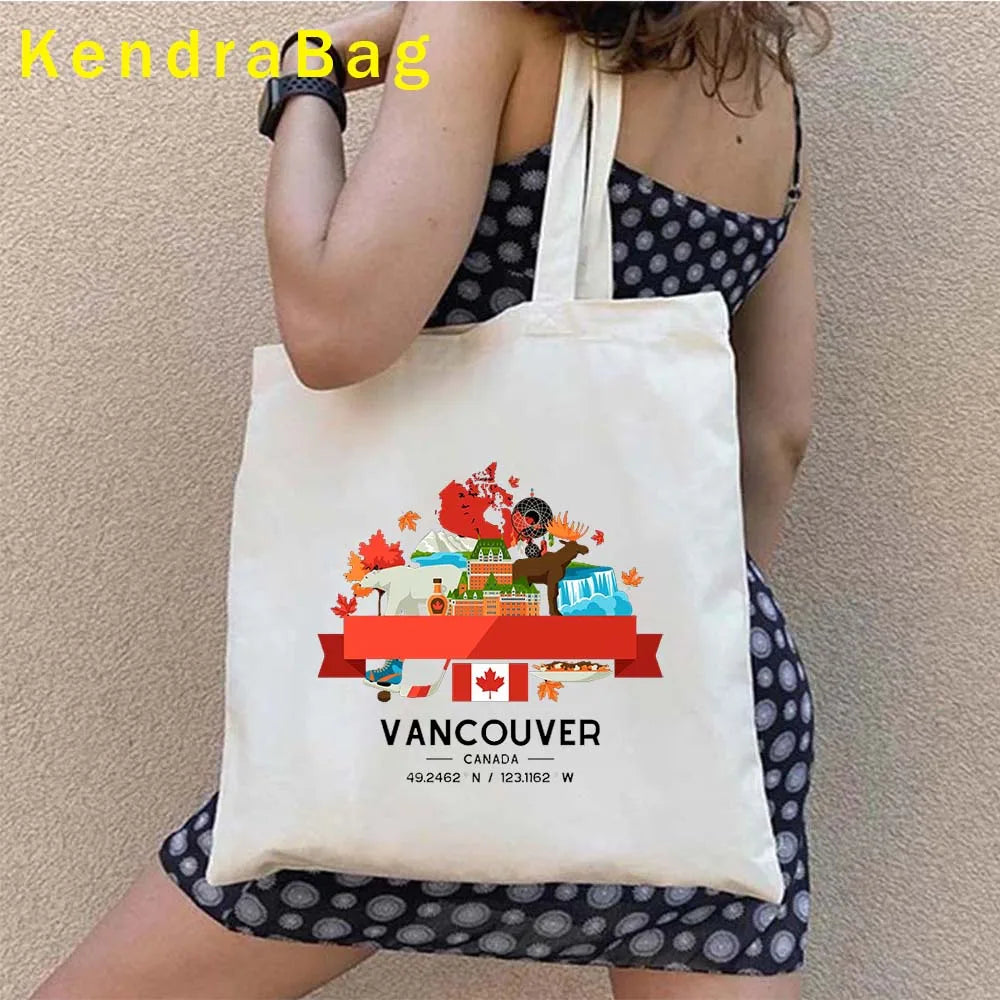 Canadian City Landscape Cotton Canvas Tote Bag | Happy Canada Day Tourist Gift | Reusable Eco-Friendly Shoulder Handbag (Women) Luxegan