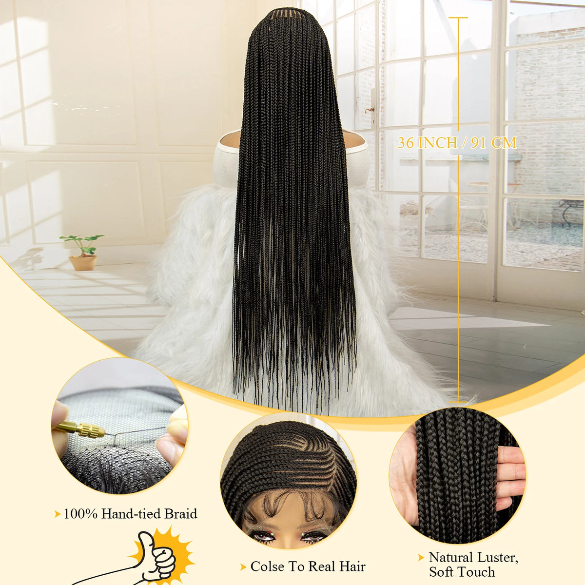 36 Inch Square Knotless Box Cornrow Wig | Full Lace Frontal