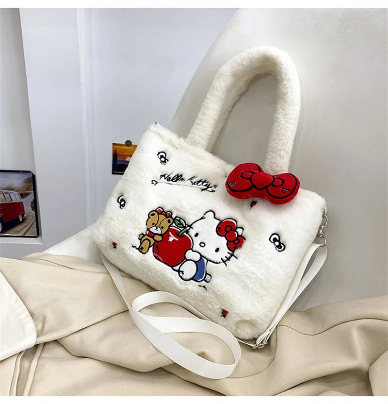 Kawaii Hello Kitty Plush Shoulder Bag | My Melody Cinnamoroll Kuromi Cute Cartoon Anime Handbag (Soft Storage Bag for Women & Girls) Luxegan