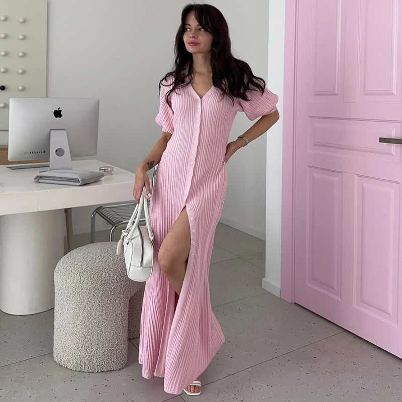 Puff-Sleeve Retro Fashion Cardigan Knit Dress | Sophisticated Turn-Down Collar A-Line Gown | Elegant "Half Sleeve" Silhouette | "Dignified" High-Stretch Sweater Dress for Radiant Versatile Summer Vacation Styling Luxegan