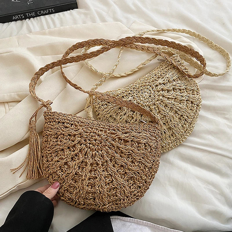 Fashion Semicircle Straw Woven Shoulder Bag | Sophisticated Handmade Rattan Crossbody | Elegant Ladies’ Summer Beach Handbag | Bohemian Saddle Bag with Tassel & Hollow-Out Design Luxegan