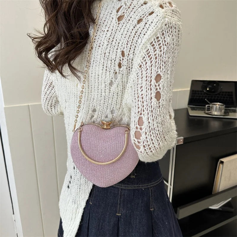 Shiny Heart Shape Metal Evening Clutch Bag for Women | Fashion Chain Shoulder Crossbody Bag (Luxury Lady Purse) Luxegan