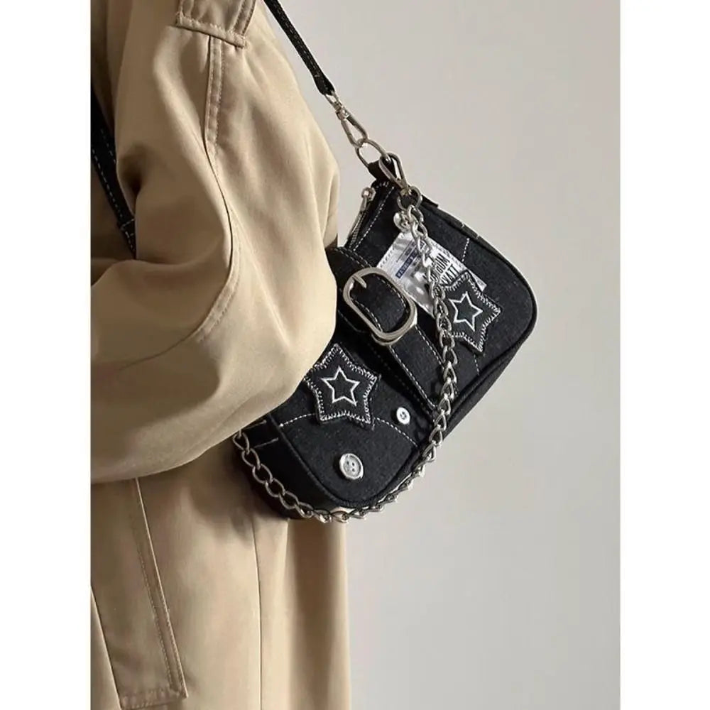 Y2K Fashion Women's Underarm Bag | Cool Girls Stars Pattern Canvas Handbag | Trendy Small Shoulder Bag with Chain Detail | Fashionable Party Tote & Star Print Purse Luxegan