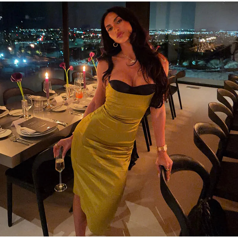 Sexy Satin Sleeveless Slip Midi Dress for Women Elegant Bodycon Evening Cocktail Dresses 2026 New Female Party Clubwear Outfit