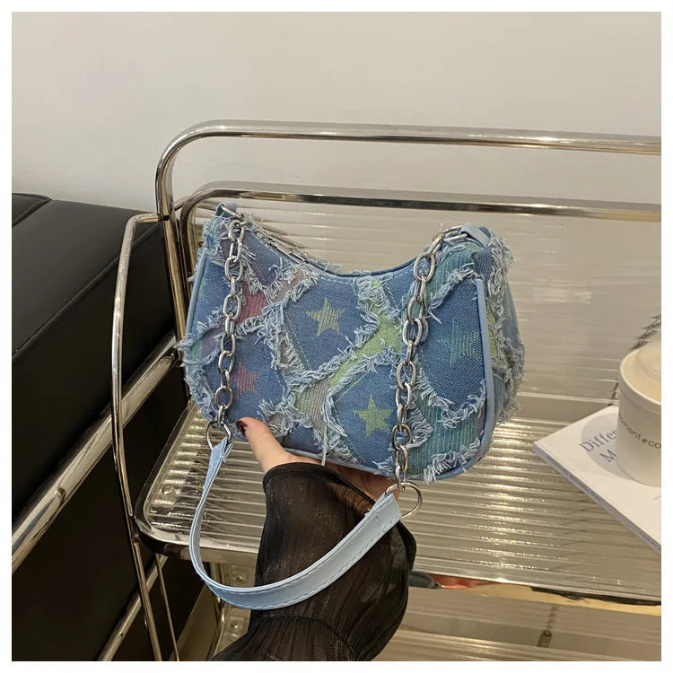 Casual Star Denim Shoulder Bags for Women | Plaid Tassel Cool Hot Girls Underarm Phone Bag - view 5