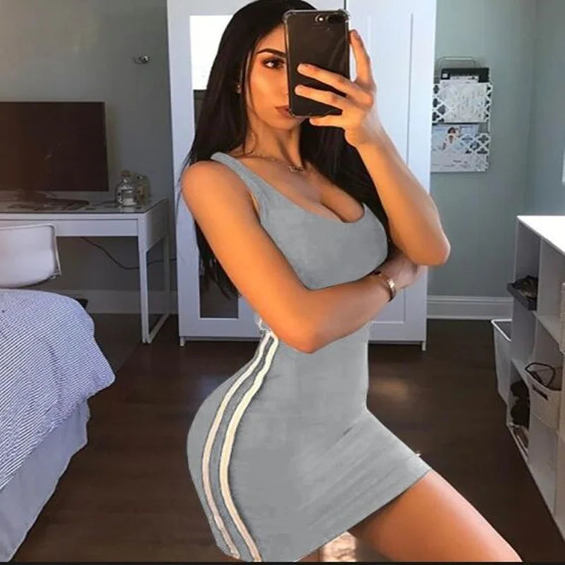 Summer Striped Patchwork Sheath Mini Dress | Sleeveless O-Neck Slimming Tight-Fitting Tank Dress | Sexy & Club Hip-Hugging Short Skirt Luxegan