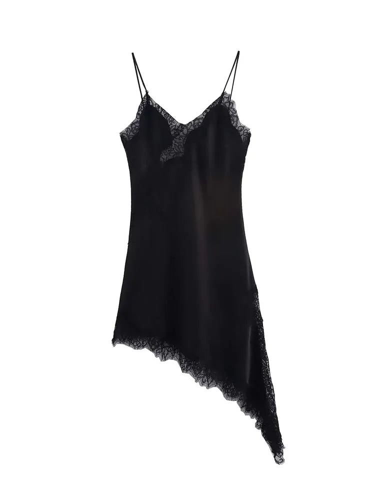 Elegant Lace Halter Maxi Dress | Sexy V-Neck Asymmetric Hem Holiday Gown | Summer New Patchwork Party Beach Dress | Premium Non-Woven Regular Fit A-Line Luxegan