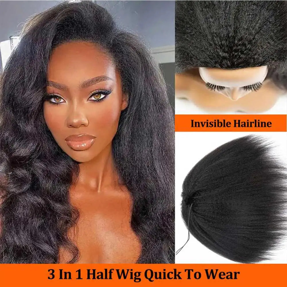Afro Kinky Straight 3-In-1 Half Wig | Sophisticated "Seamless Flip-Over" Silhouette | Elegant 250% Density Drawstring Hairpiece | "Dignified" 30-Inch Brazilian Human Hair Wig for Radiant Versatile Styling Luxegan