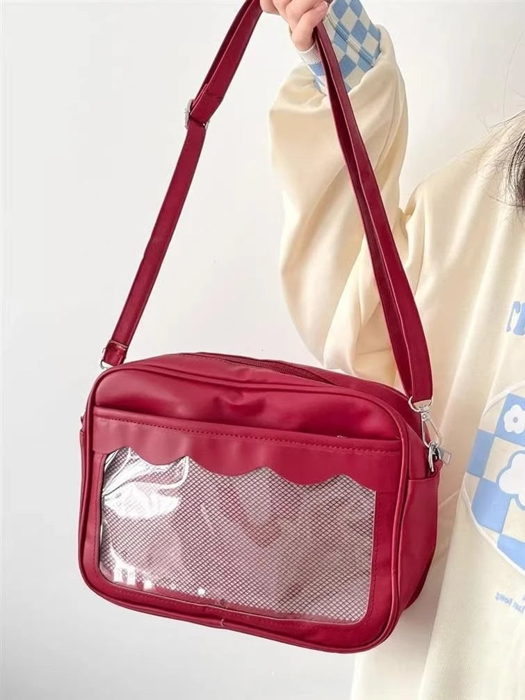 Women's PU Transparent Pocket Ita Bag | High School Girls JK Uniform Crossbody Shoulder Handbag (Fashion Satchel)