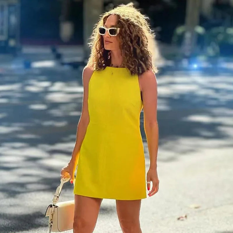 Summer Off-Shoulder Slip Dress | Sexy Solid Color Sleeveless TANK Gown | Elegant High Street Zipper Accent Above Knee Mini Dress | Premium Tatting Regular Fit Straight Luxegan