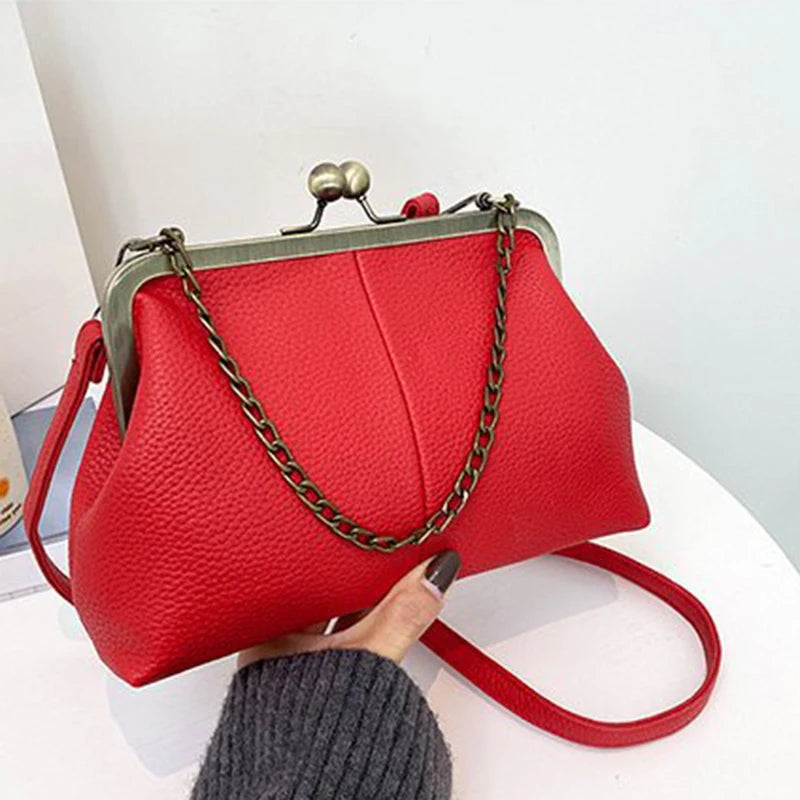 Vintage PU Shell Bag | Lychee Pattern Clip Chain Shoulder & Crossbody Luxegan